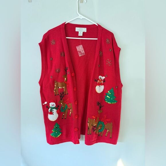 VTG Lisa International Festive Red Christmas Sweater Vest Snowman Reindeer 1X - Picture 2 of 7